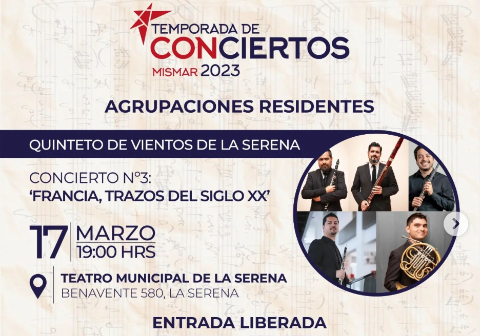 Afiche del evento "Temporada de conciertos Mismar 2023: Quinteto de vientos de La Serena"