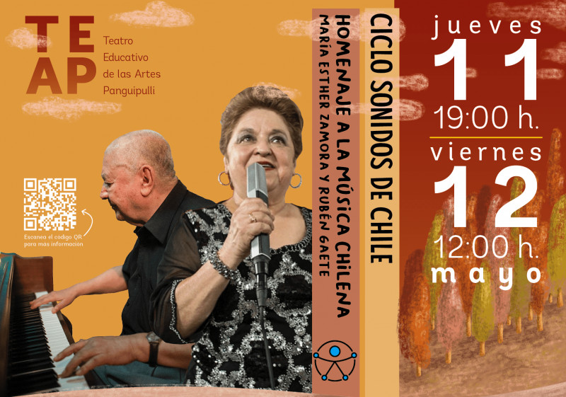 Afiche del evento "Homenaje a la Música Chilena por María Esther Zamora y Rubén Gaete - Ciclo Sonidos de Chile"