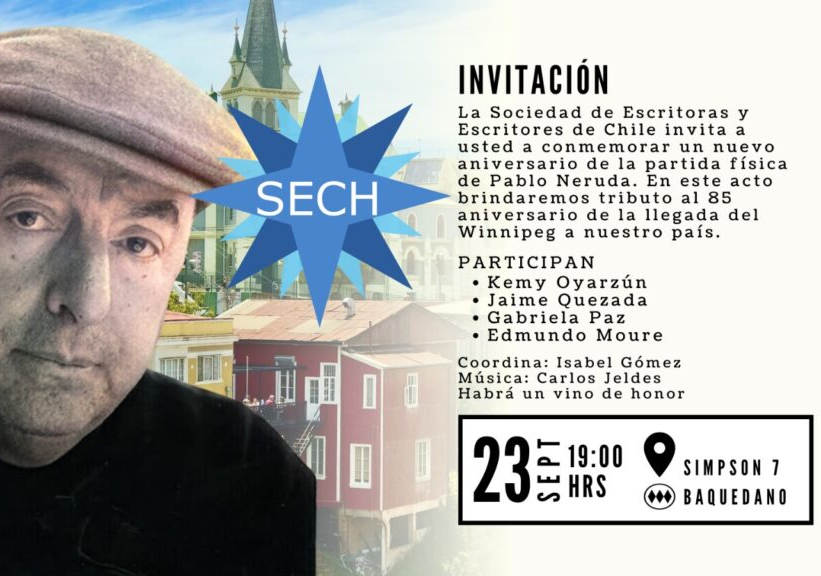 Afiche del evento "Conmemoración Aniversario de la partida física de Pablo Neruda"