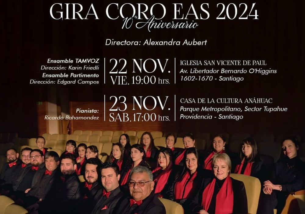 Afiche del evento "1er Concierto Gira 10 años Coro EAS de Valdivia en Región Metropolitana"