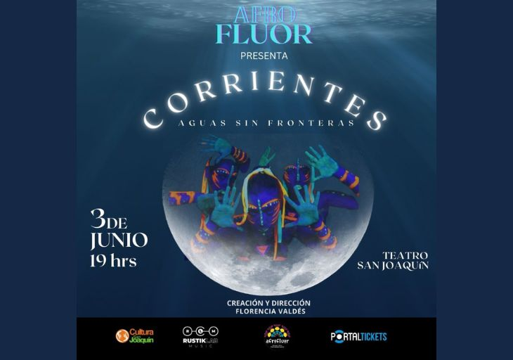 Afiche del evento "Compañía Afrofluor presenta: Corrientes, Aguas sin fronteras en Teatro San Joaquín"