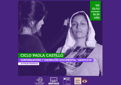 Afiche del evento "Conversatorio con Paola Castillo y exhibición documental "Genoveva""