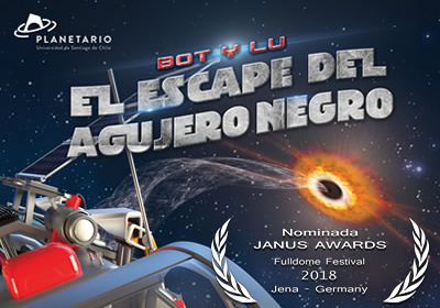 Afiche del evento "Bot y Lu: El escape del Agujero Negro - Planetario Chile"