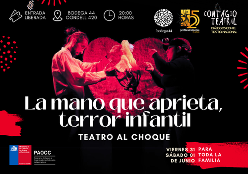 Afiche del evento "Contagio Teatral: La mano que aprieta, terror infantil"