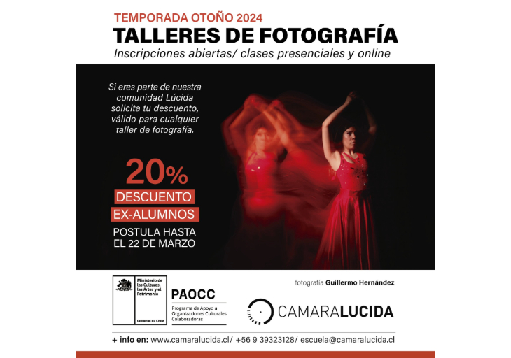 Afiche del evento "Talleres de Fotografía Descuento Ex Estudiantes"