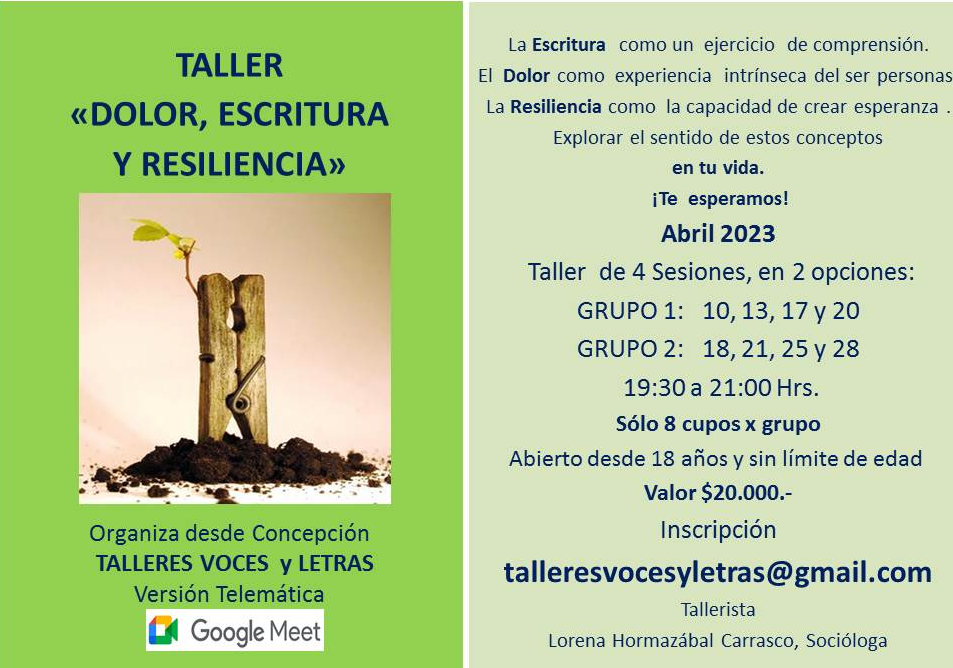 Afiche del evento "Taller «Dolor, escritura y resilencia»"