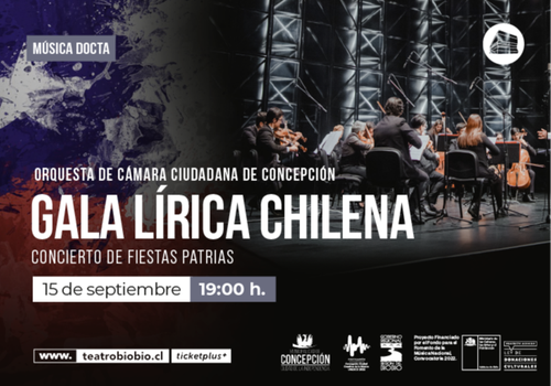 Afiche del evento "Orquesta de Cámara Ciudadana de Concepción: Gala Lírica chilena – Concierto de Fiestas Patrias"