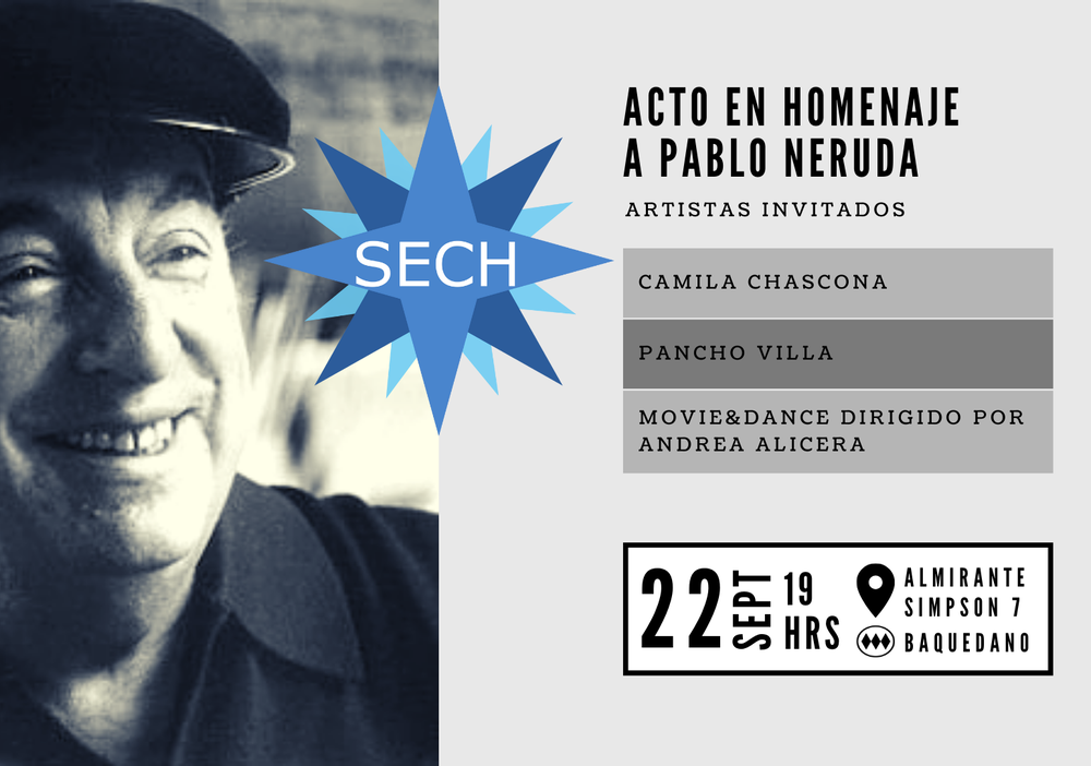 Afiche del evento "Homenaje a Pablo Neruda a 49 años de su muerte"
