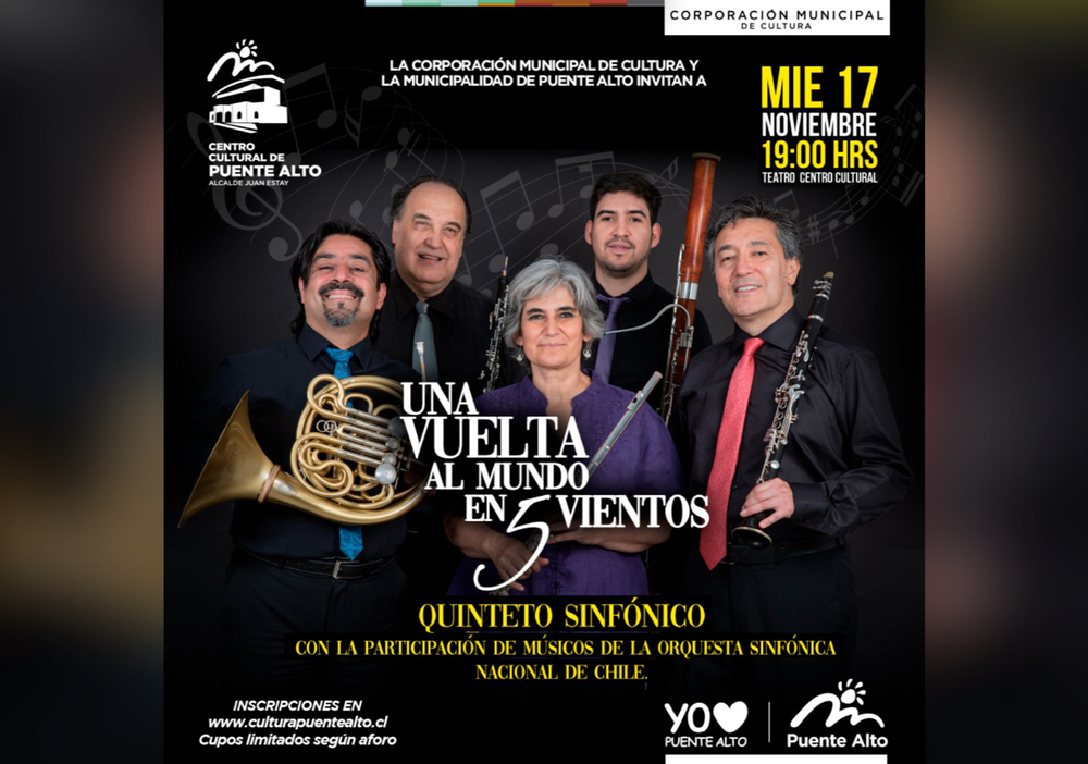 Afiche del evento "Recorramos el mundo junto a músicos de la Orquesta Sinfónica Nacional de Chile"