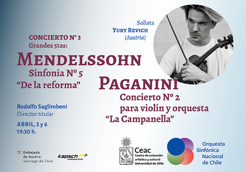 Afiche del evento "Concierto N°3: Mendelssohn y Paganini - Orquesta Sinfónica Nacional de Chile"