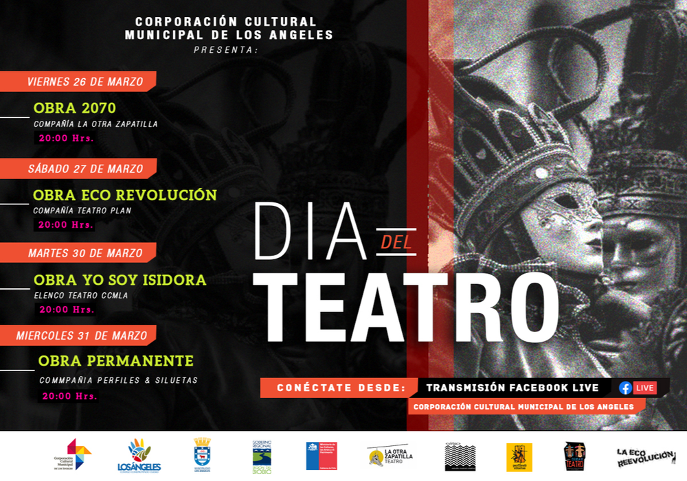 Afiche del evento "Cartelera Día del Teatro - Corporación Cultural Municipal de Los Ángeles"