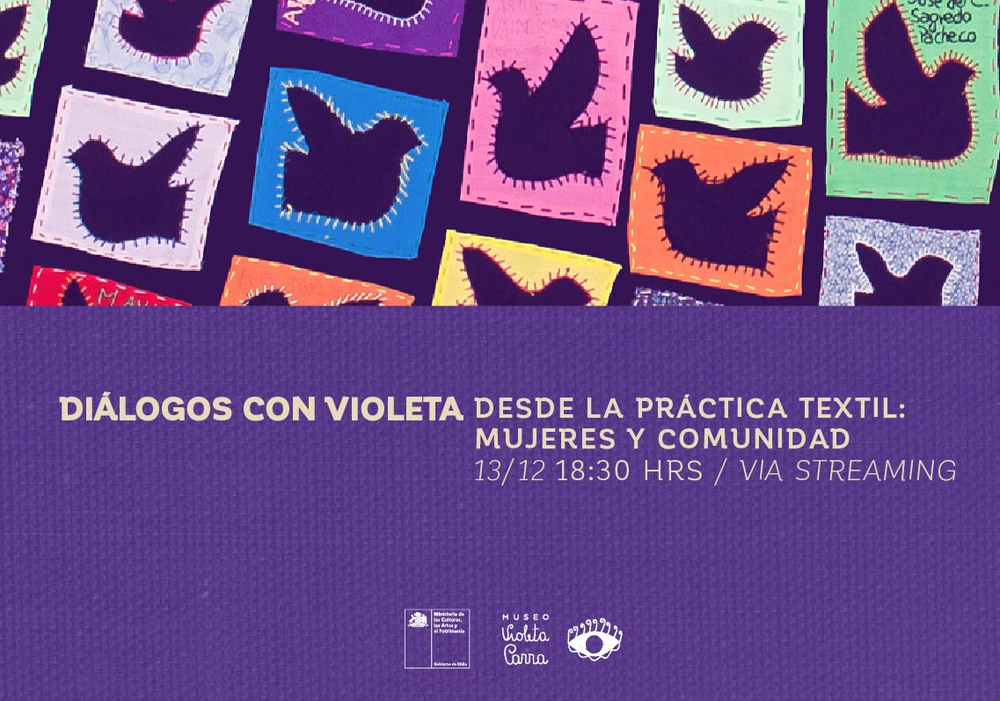 Afiche del evento "Diálogos con Violeta desde la práctica textil: mujeres y comunidad"