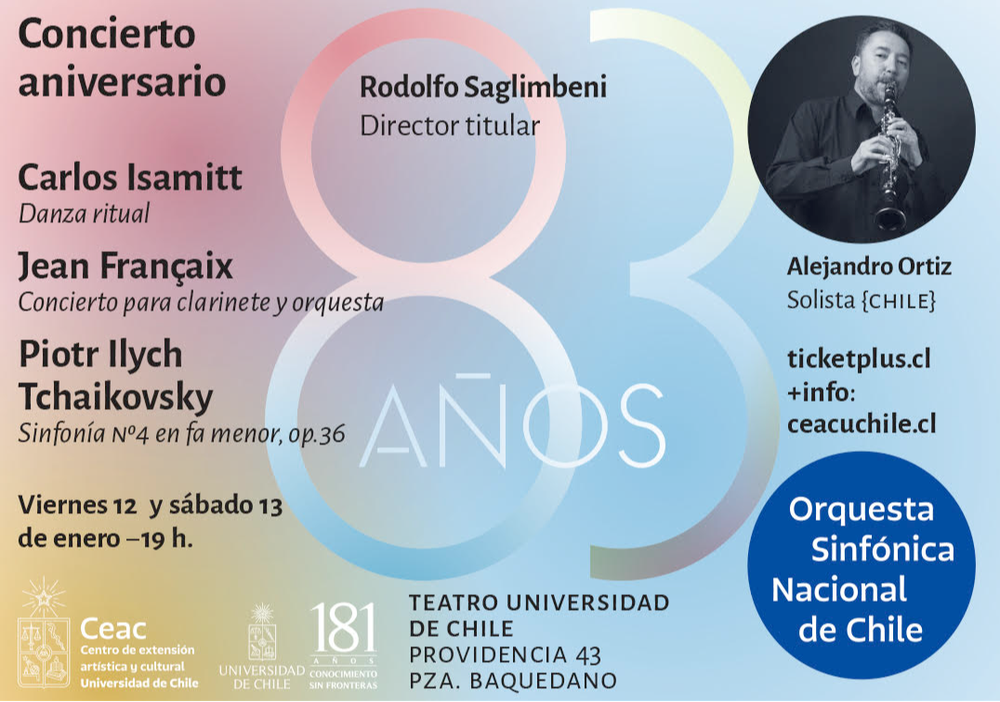 Afiche del evento "Concierto 83 Aniversario / Orquesta Sinfónica Nacional de Chile"