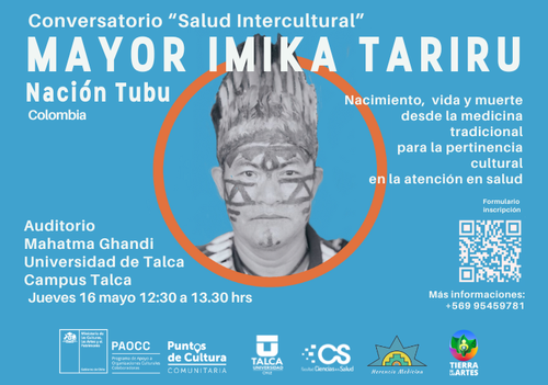 Afiche del evento "Conversatorio "Salud Intercultural" con Mayor Imika Tariru"