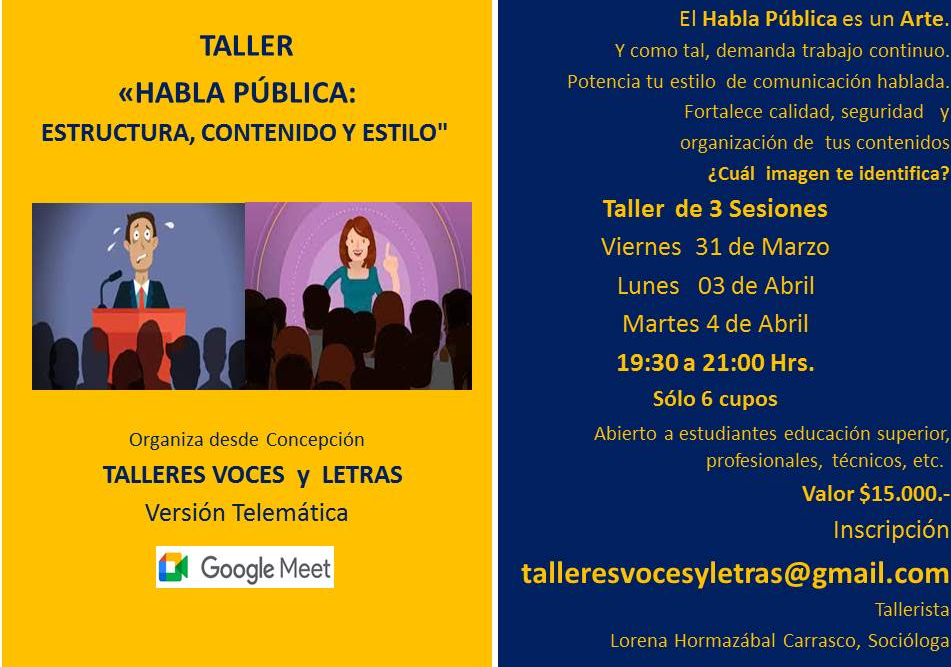 Afiche del evento "Taller "Habla pública: Escritura, contenido y estilo""
