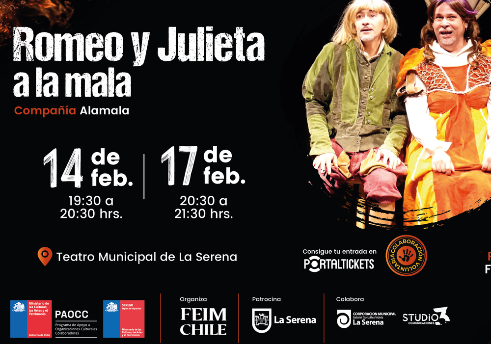 Afiche del evento "XIII FEIM CHILE. FUNCIÓN: ROMEO Y JULIETA A LA MALA (MIÉRCOLES)"