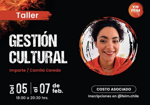 Afiche del evento "Taller: Gestión cultural - XIII FEIM Chile"